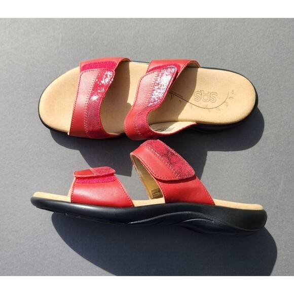 SAS Ruby / Cabernet Red Nudu Leather Sandals Slip On Slides Size 9.5W Adjustable - Picture 10 of 11